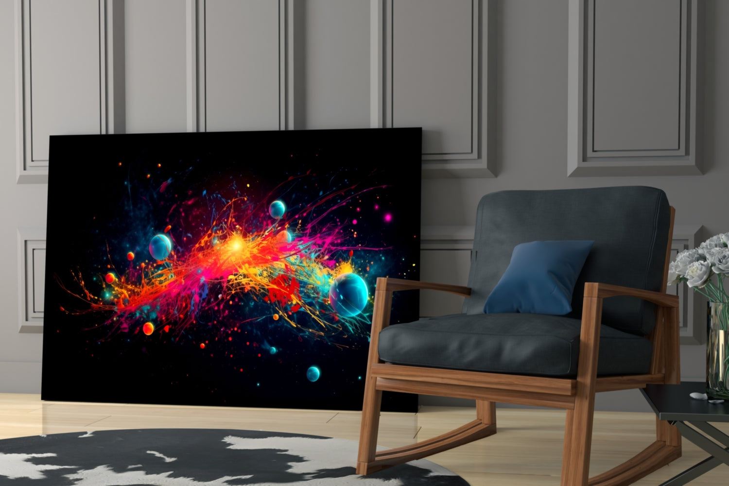 Neon Paint Burst With Planets Glass Wall Art