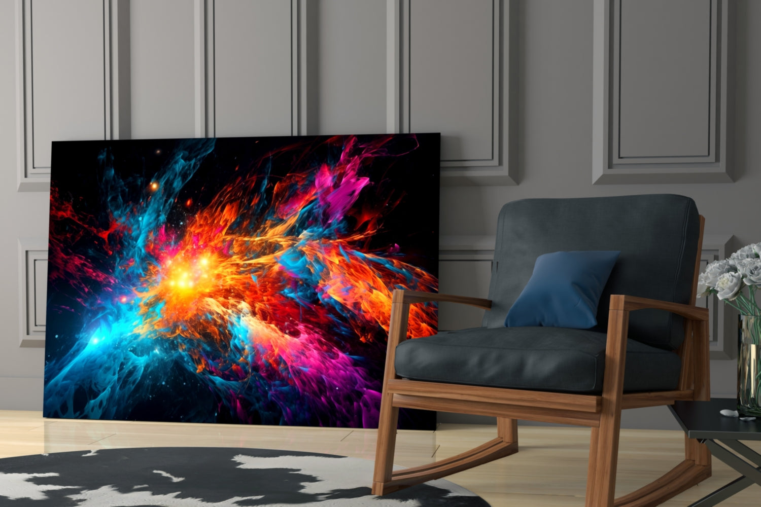 Blue Orange Star Burst Flare Glass Wall Art