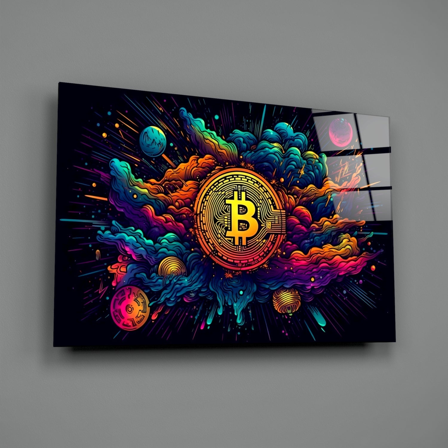 Cosmic Clouds Neon Bitcoin Blast Glass Wall Art