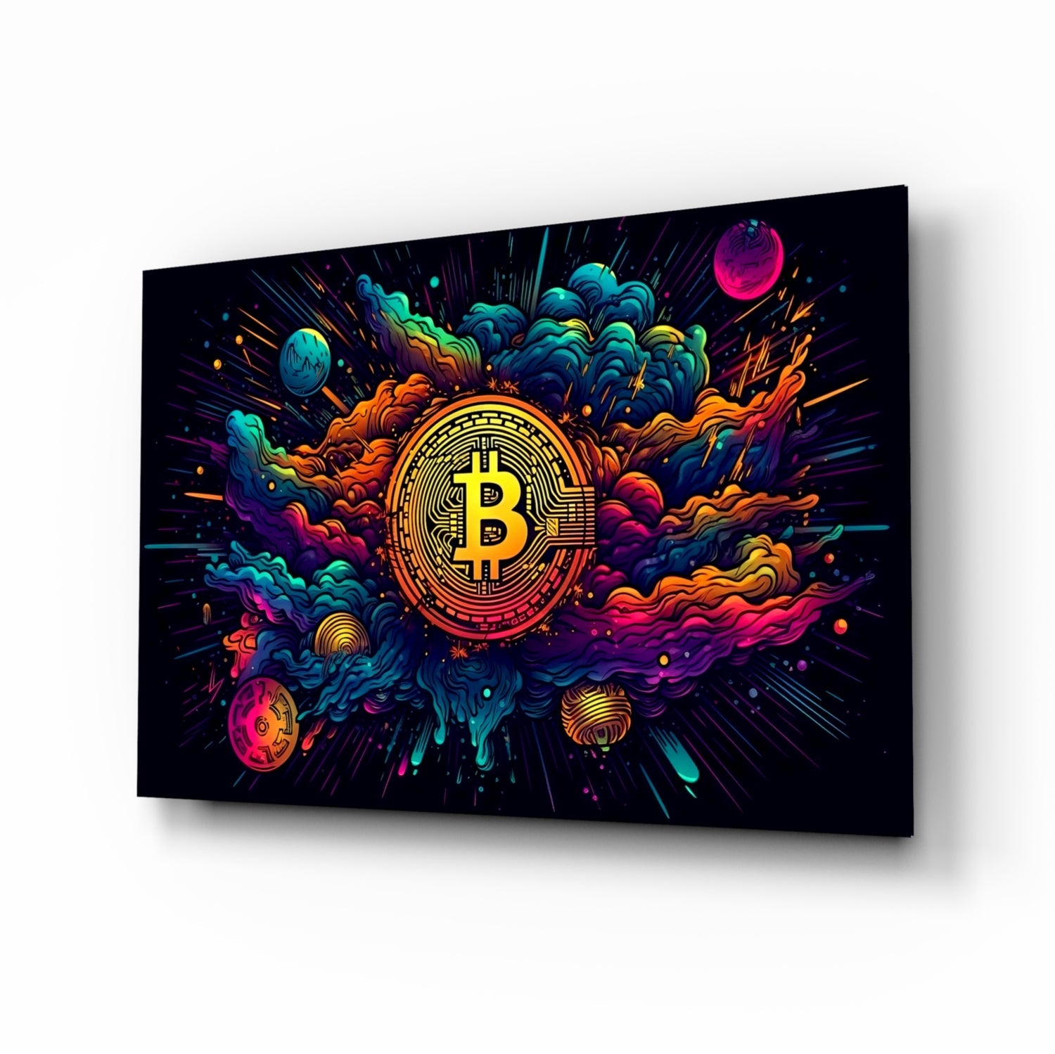 Cosmic Clouds Neon Bitcoin Blast Glass Wall Art