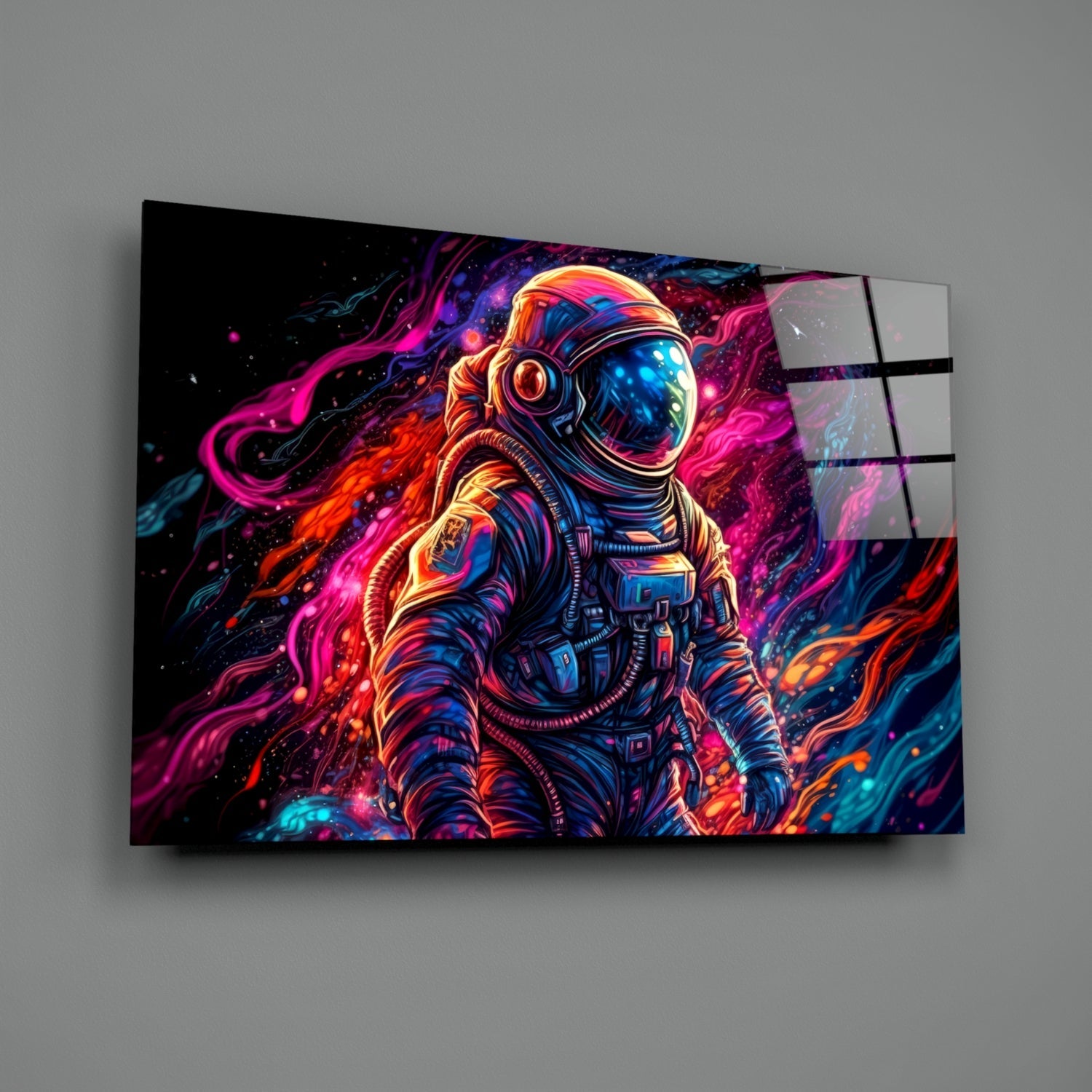Neon Nebula Astronaut Glass Wall Art
