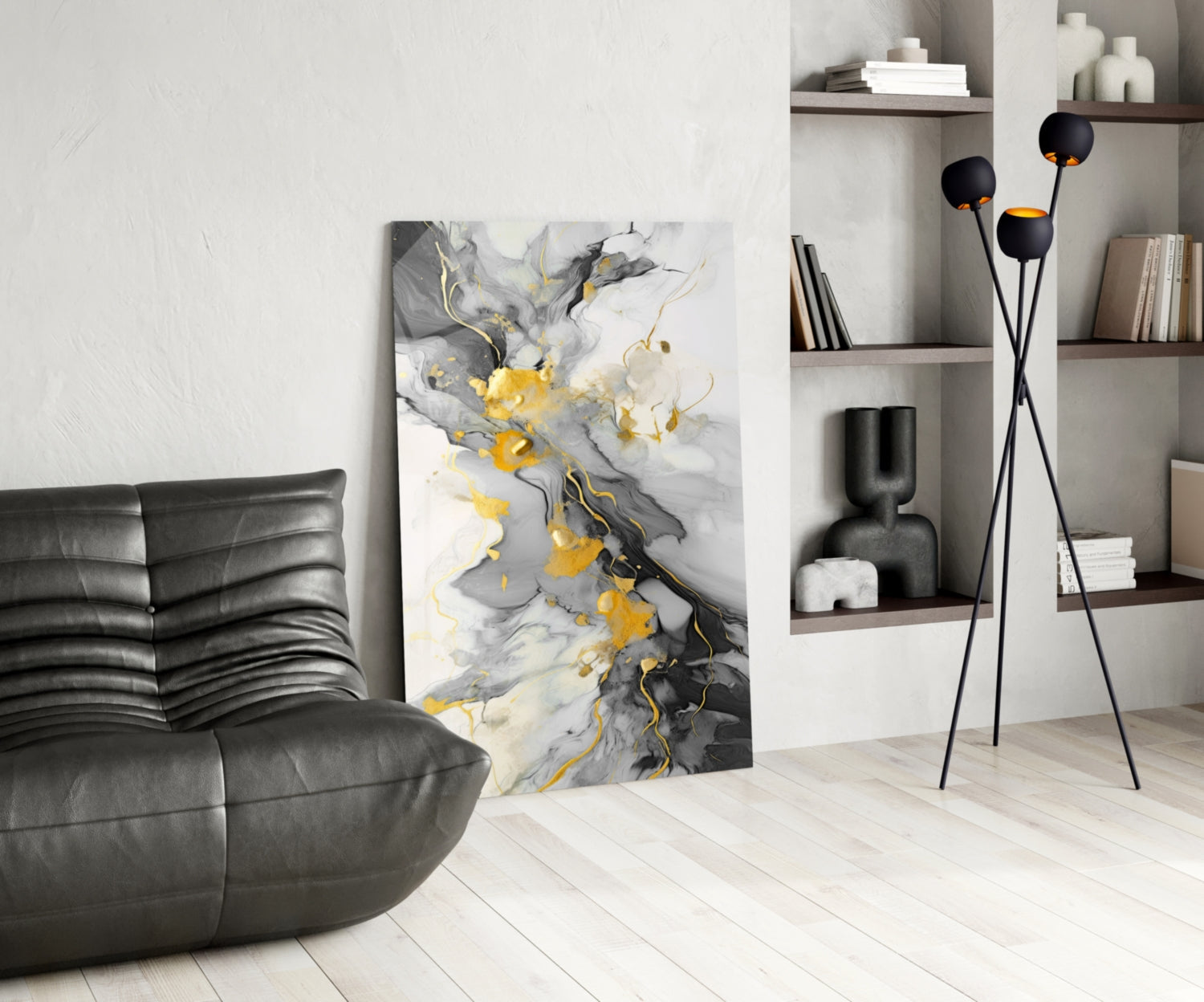 Gold Veined Charcoal Marble Swirl Glass Wall Art