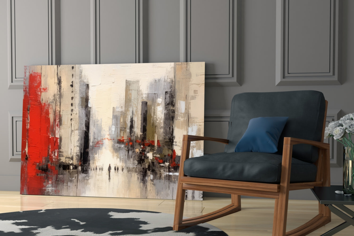 Red Accent City Street Figures Glass Wall Art