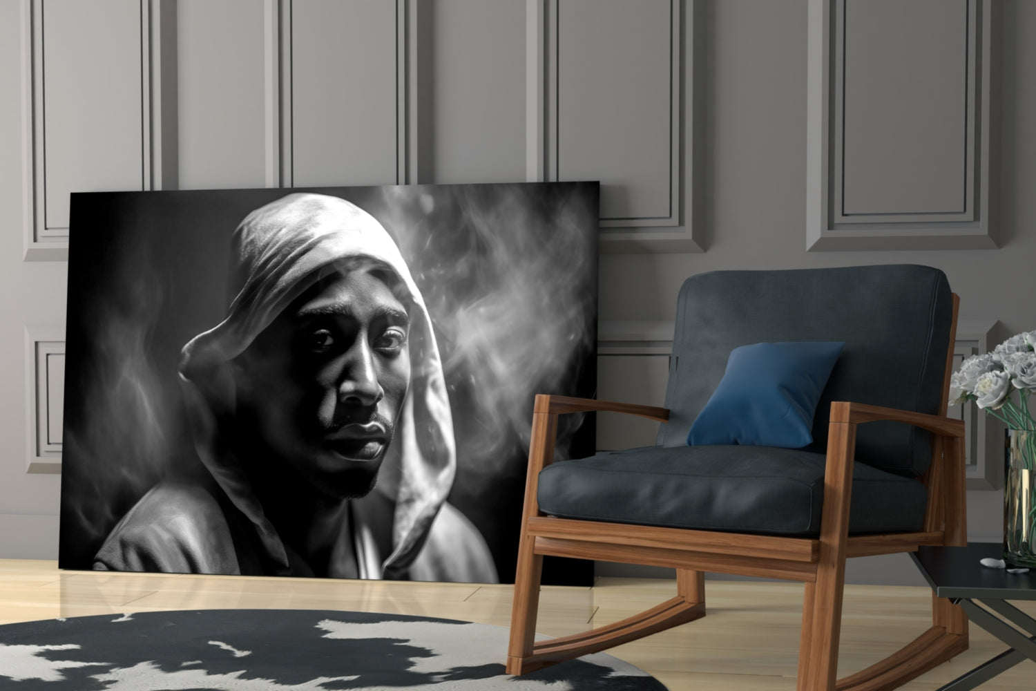 Monochrome Hooded Rapper Portrait Glass Wall Art