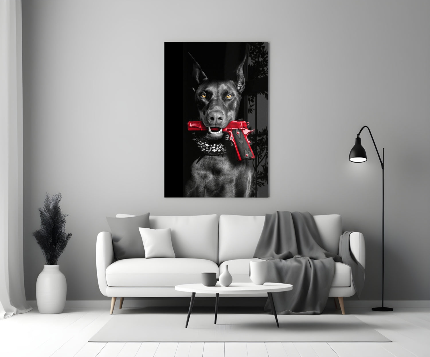 Doberman Holding Red Pistol Glass Wall Art