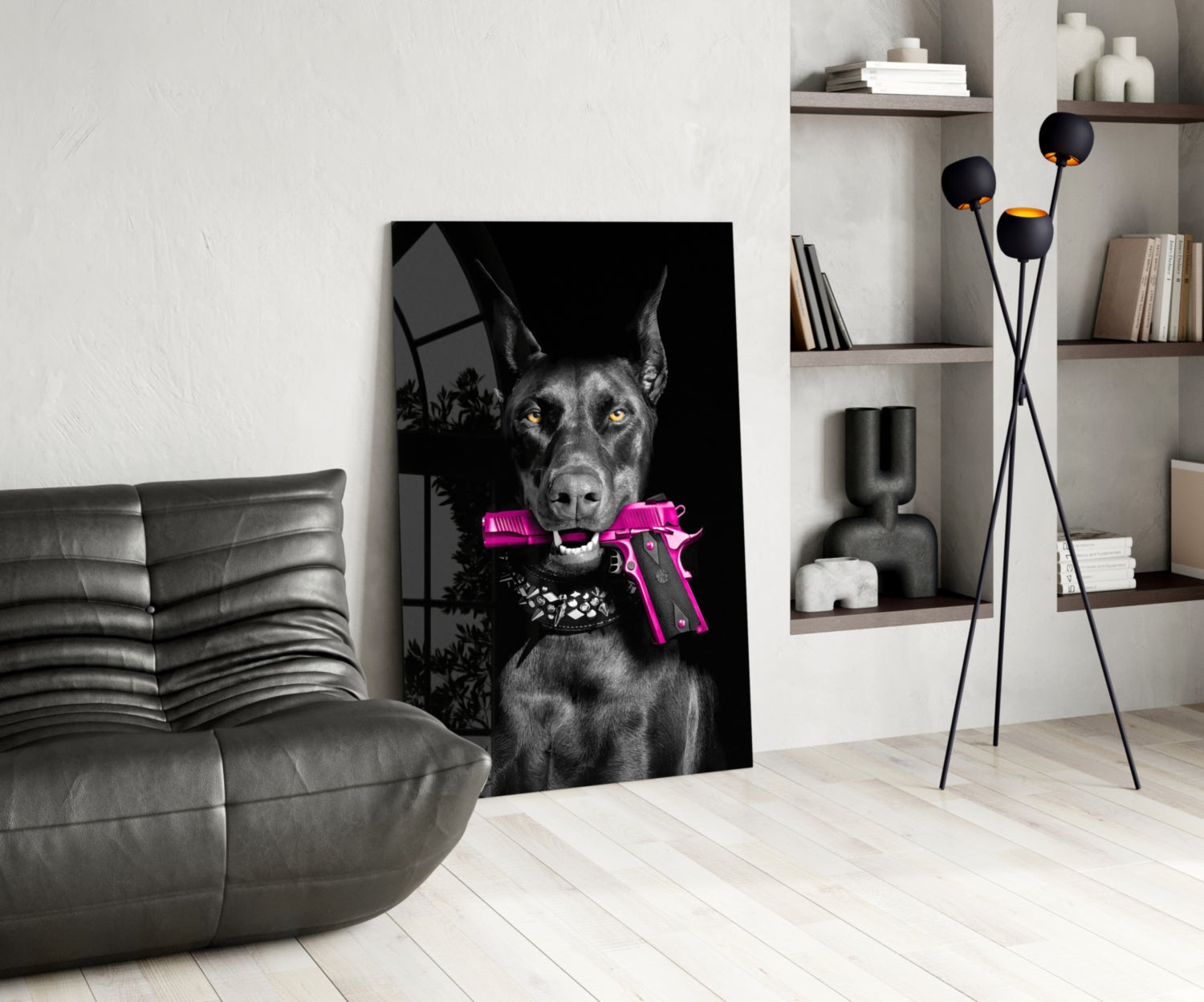 Doberman Holding Pink Pistol Glass Wall Art
