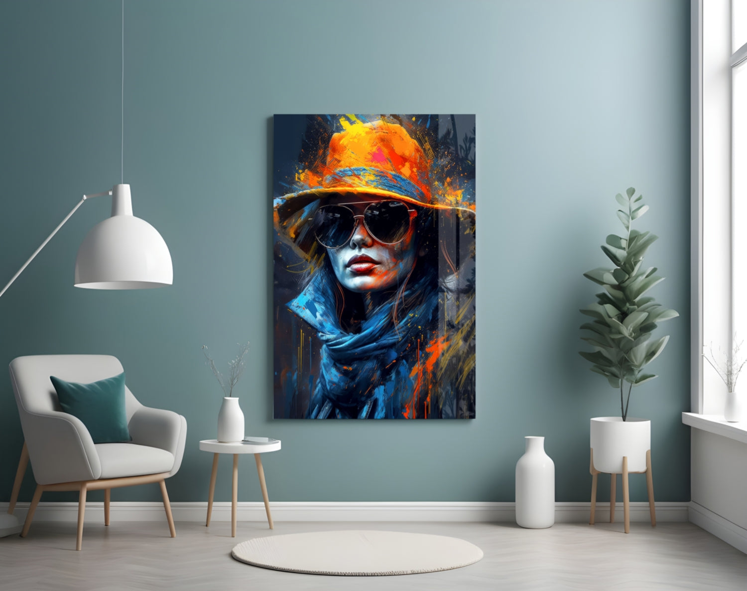 Orange Hat Sunglasses Paint Splash Woman Glass Wall Art