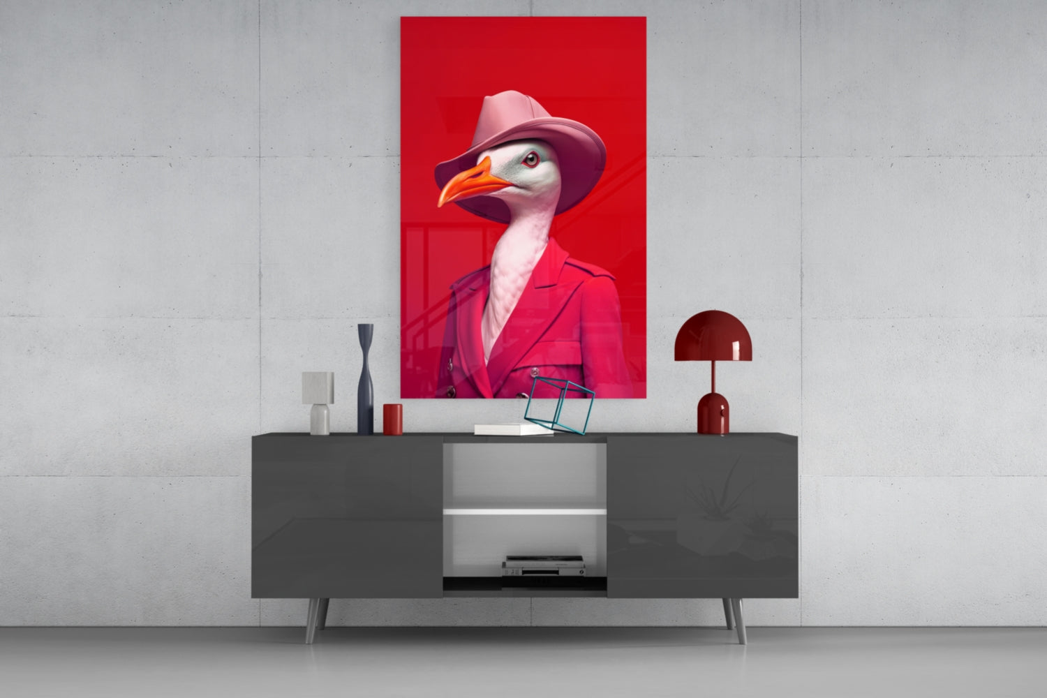 Seagull in Hot Pink Suit and Hat Glass Wall Art