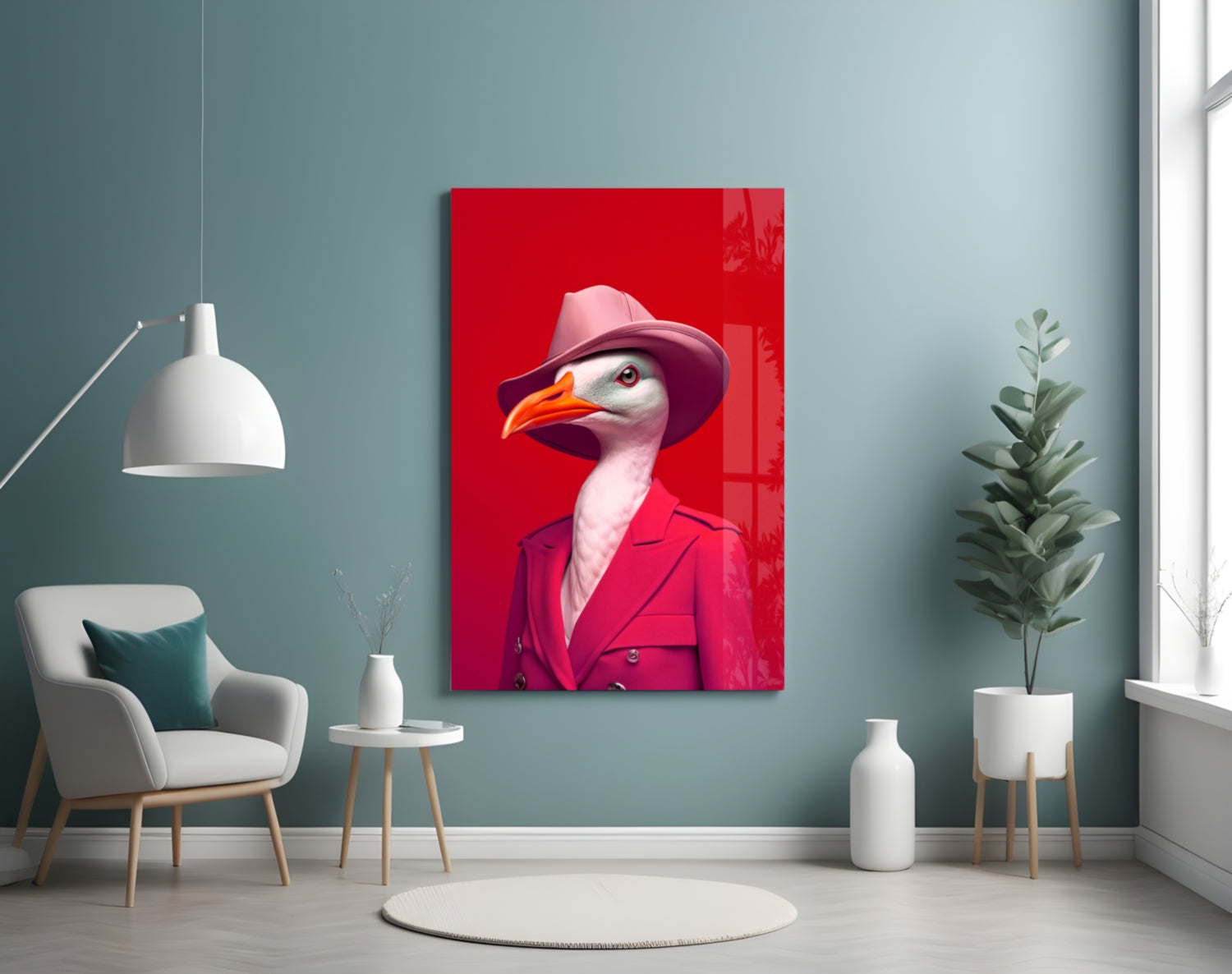 Seagull in Hot Pink Suit and Hat Glass Wall Art