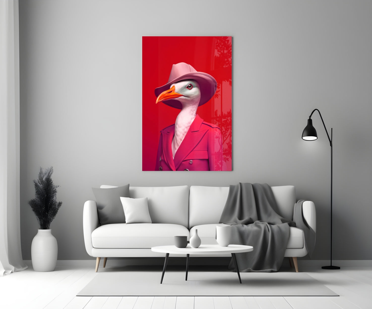 Seagull in Hot Pink Suit and Hat Glass Wall Art