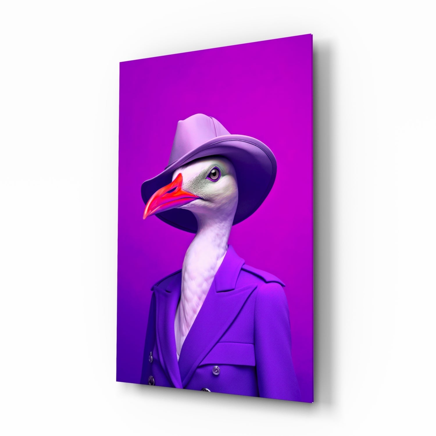 Seagull in Purple Trench Coat Glass Wall Art