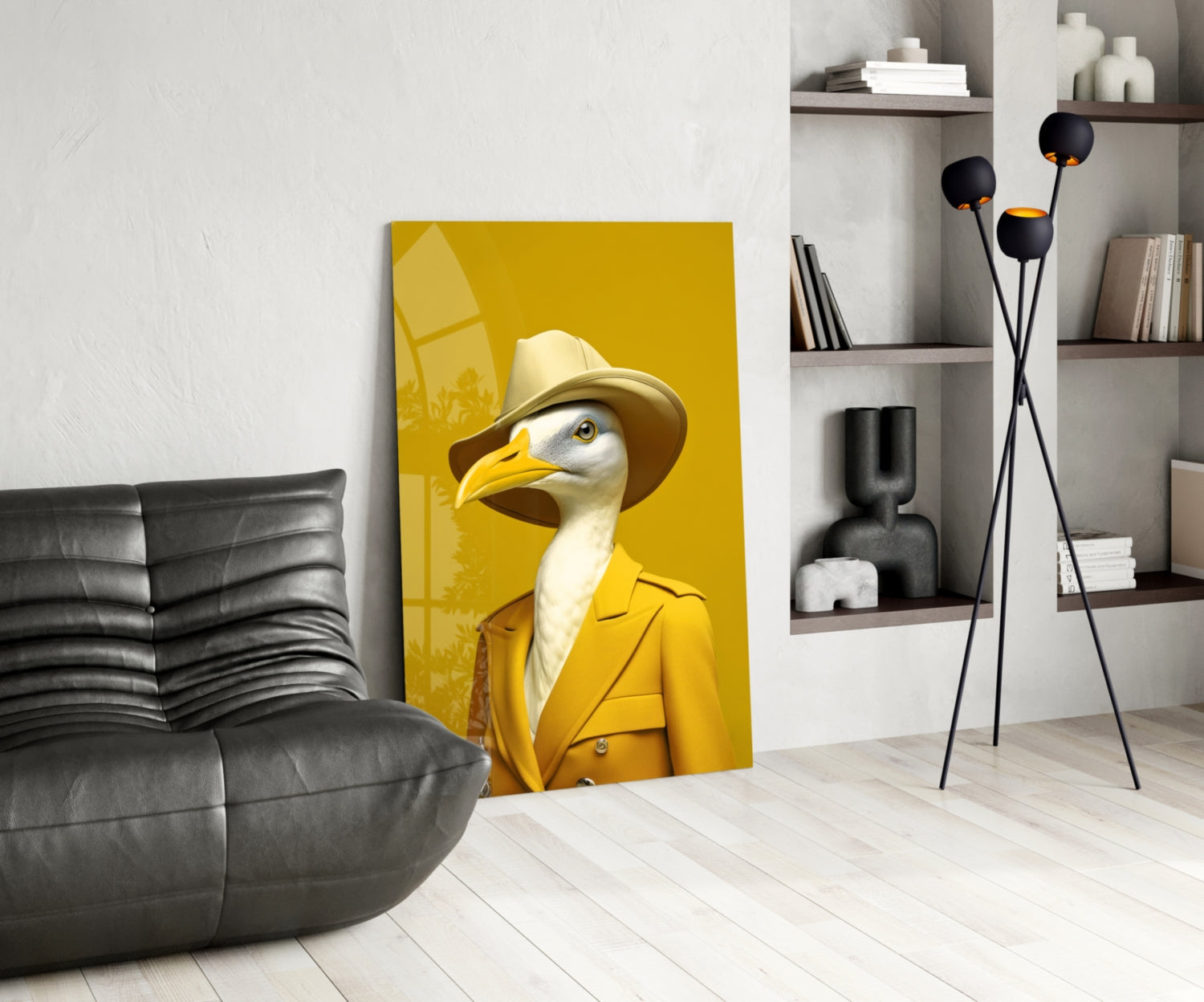 Seagull in Mustard Yellow Overcoat Glass Wall Art