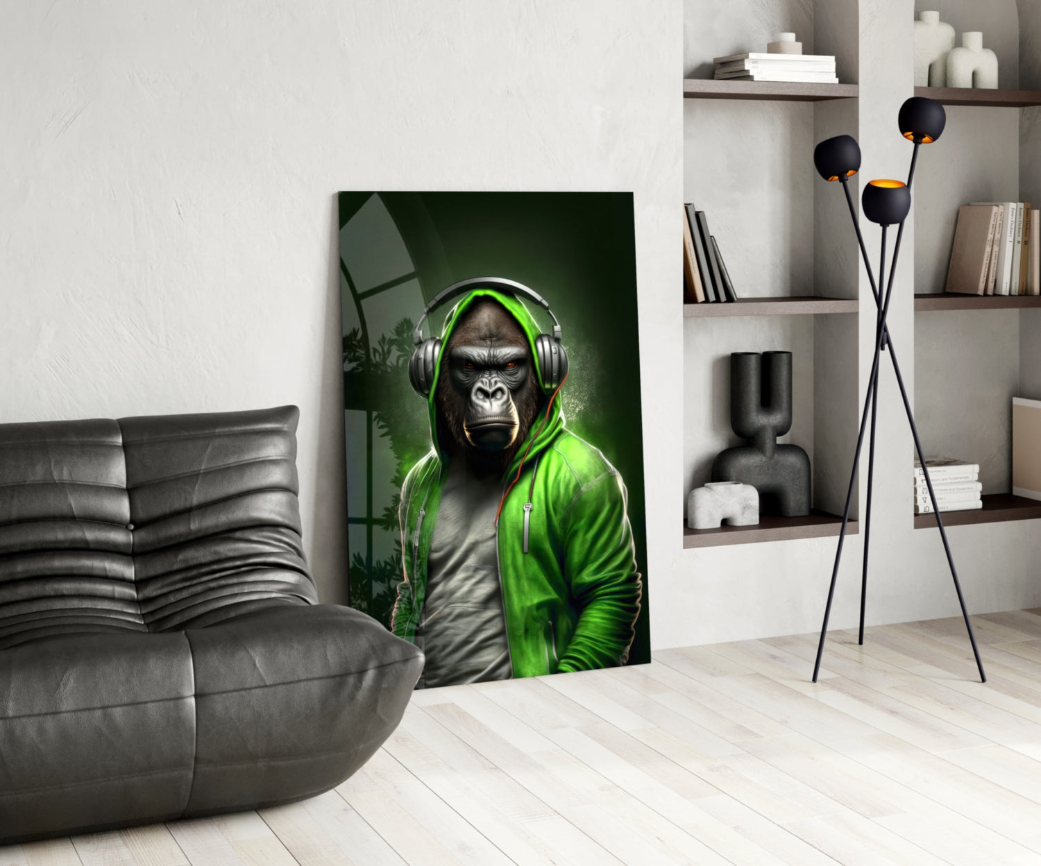 Gorilla in Lime Green Hoodie Headphones Glass Wall Art