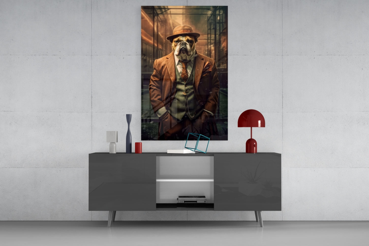 Bulldog In Rust Pinstripe Suit Glass Wall Art