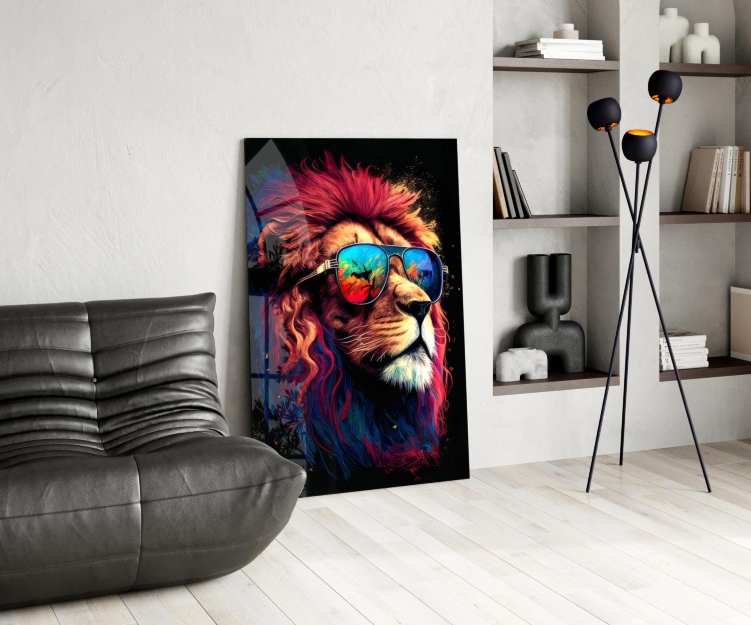 Crimson Mane Lion Mirrored Aviators Glass Wall Art