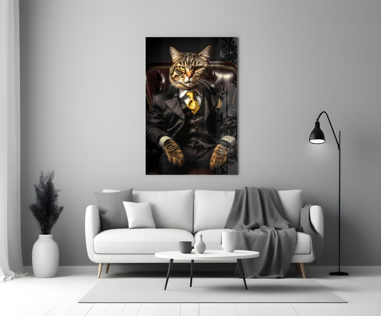 Tabby Cat Gold Tie Boss Chair Glass Wall Art