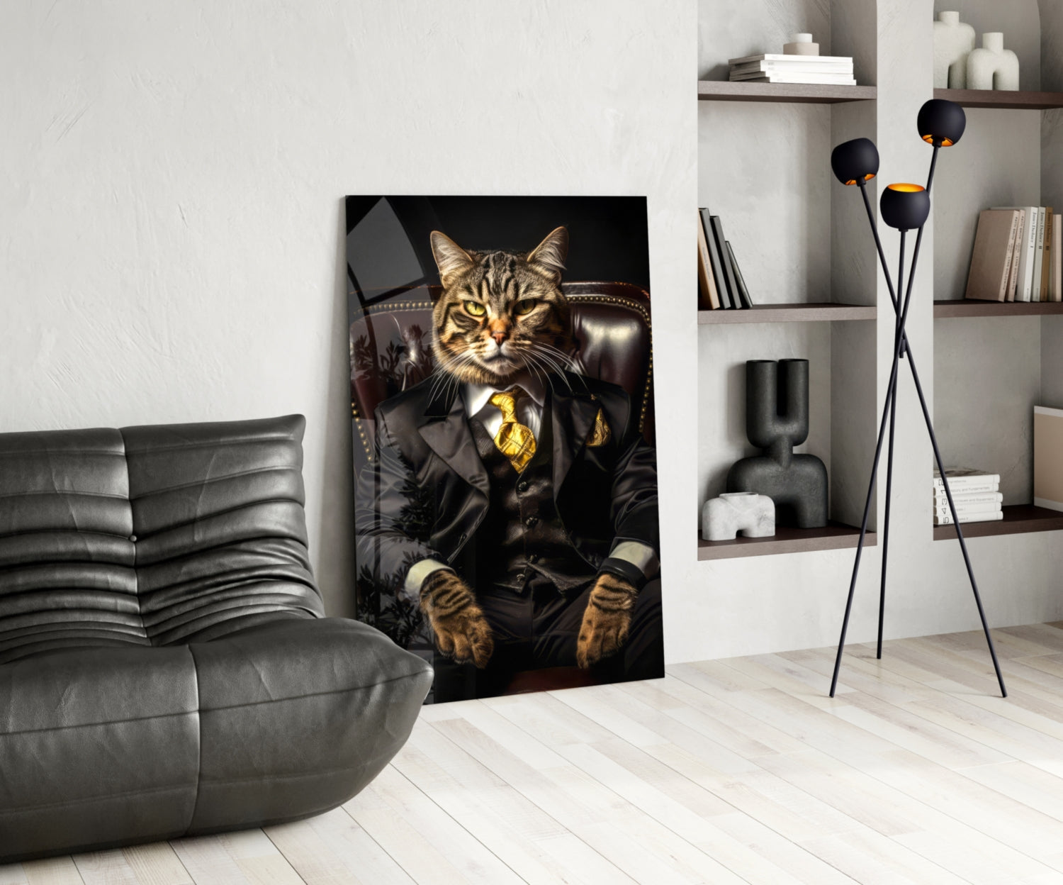 Tabby Cat Gold Tie Boss Chair Glass Wall Art