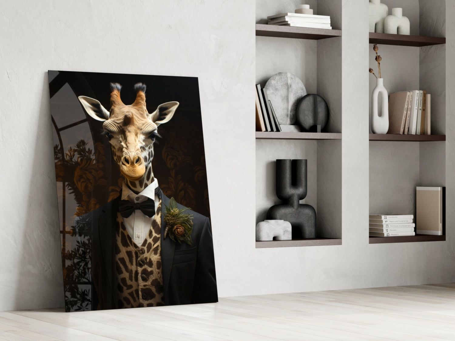Giraffe in Tuxedo Bow Tie Glass Wall Art