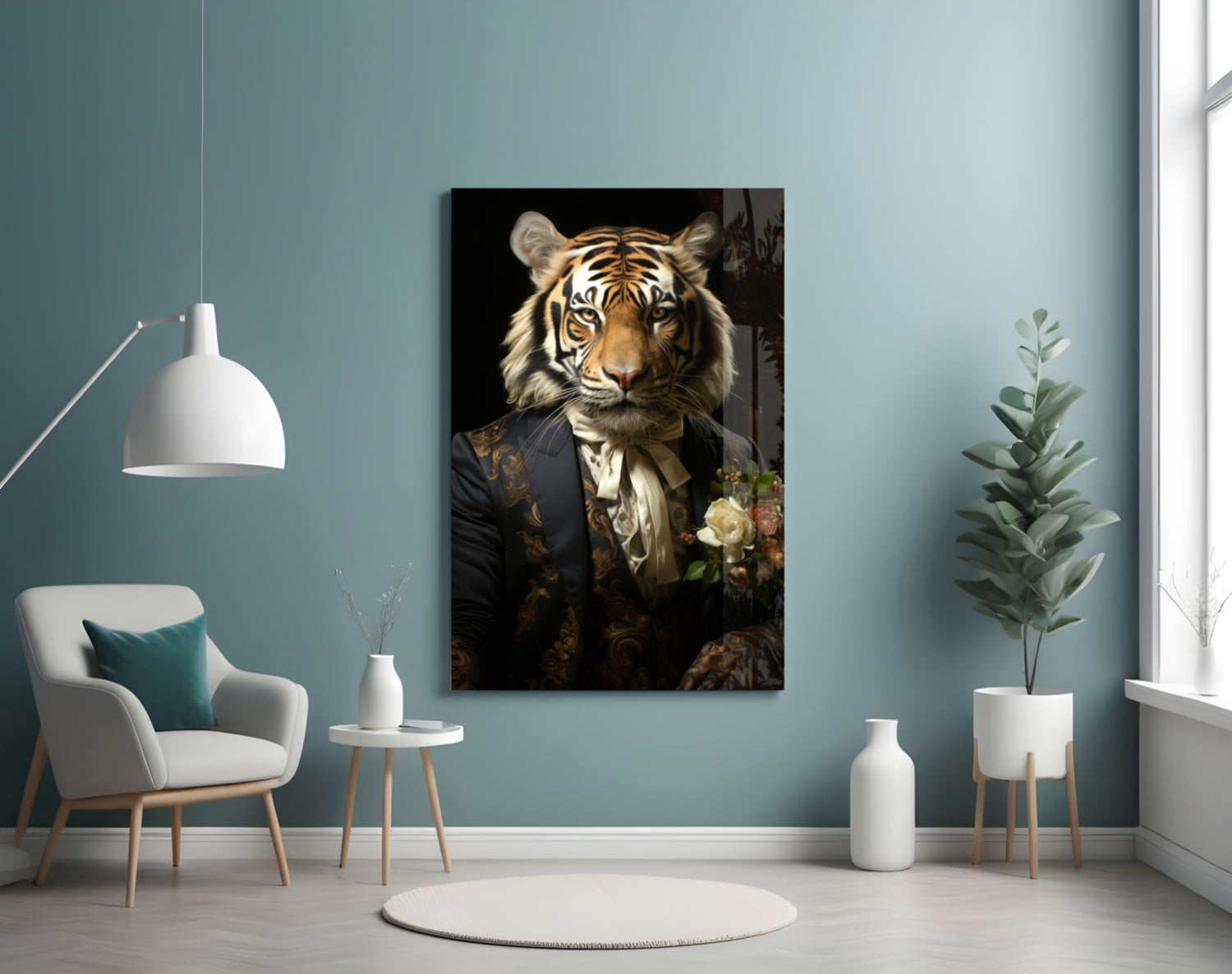 Brocade Suit Tiger with Cravat Glass Wall Art
