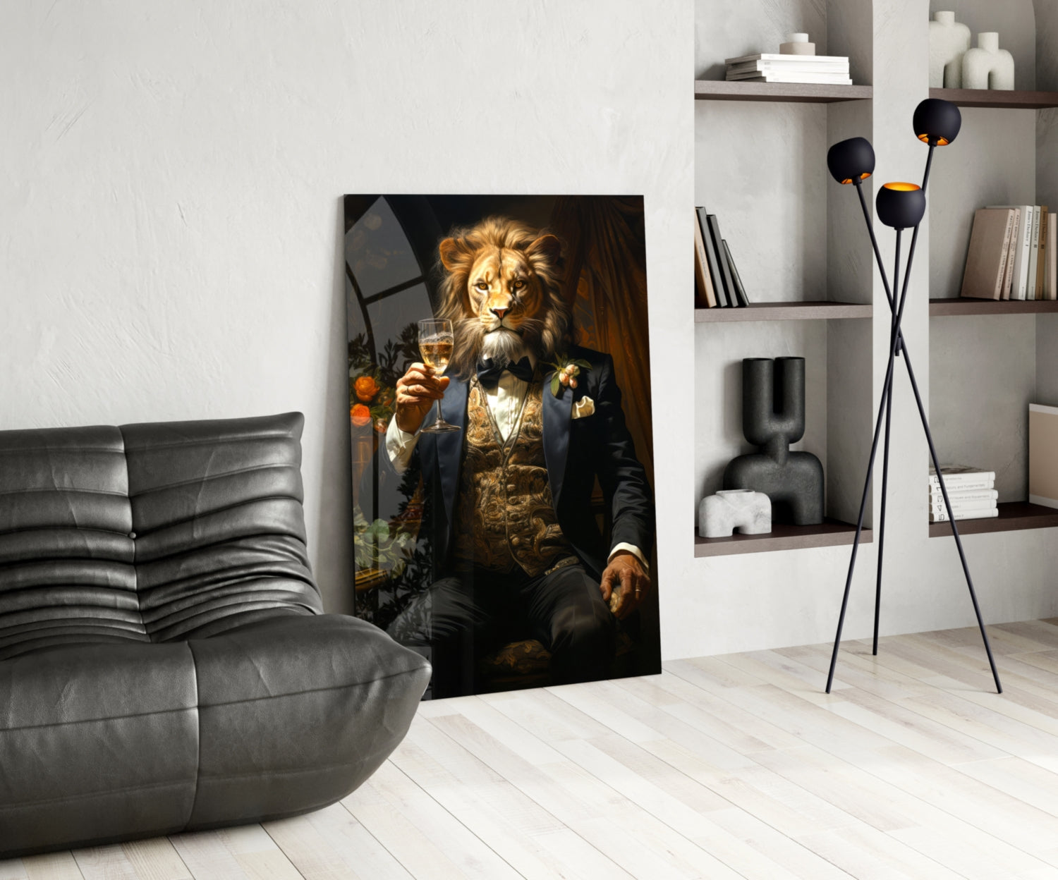 Tuxedo Lion with Wine by Window Glass Wall Art