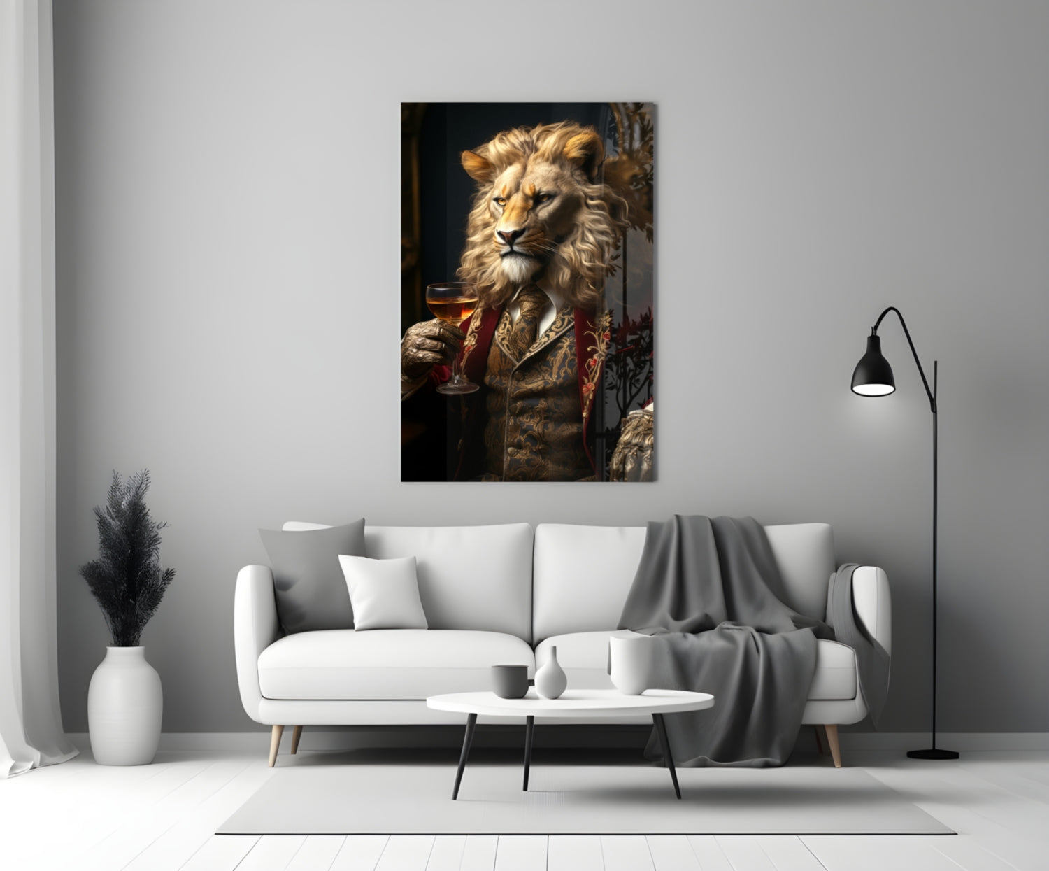 Lion in Crimson Military Coat Glass Wall Art