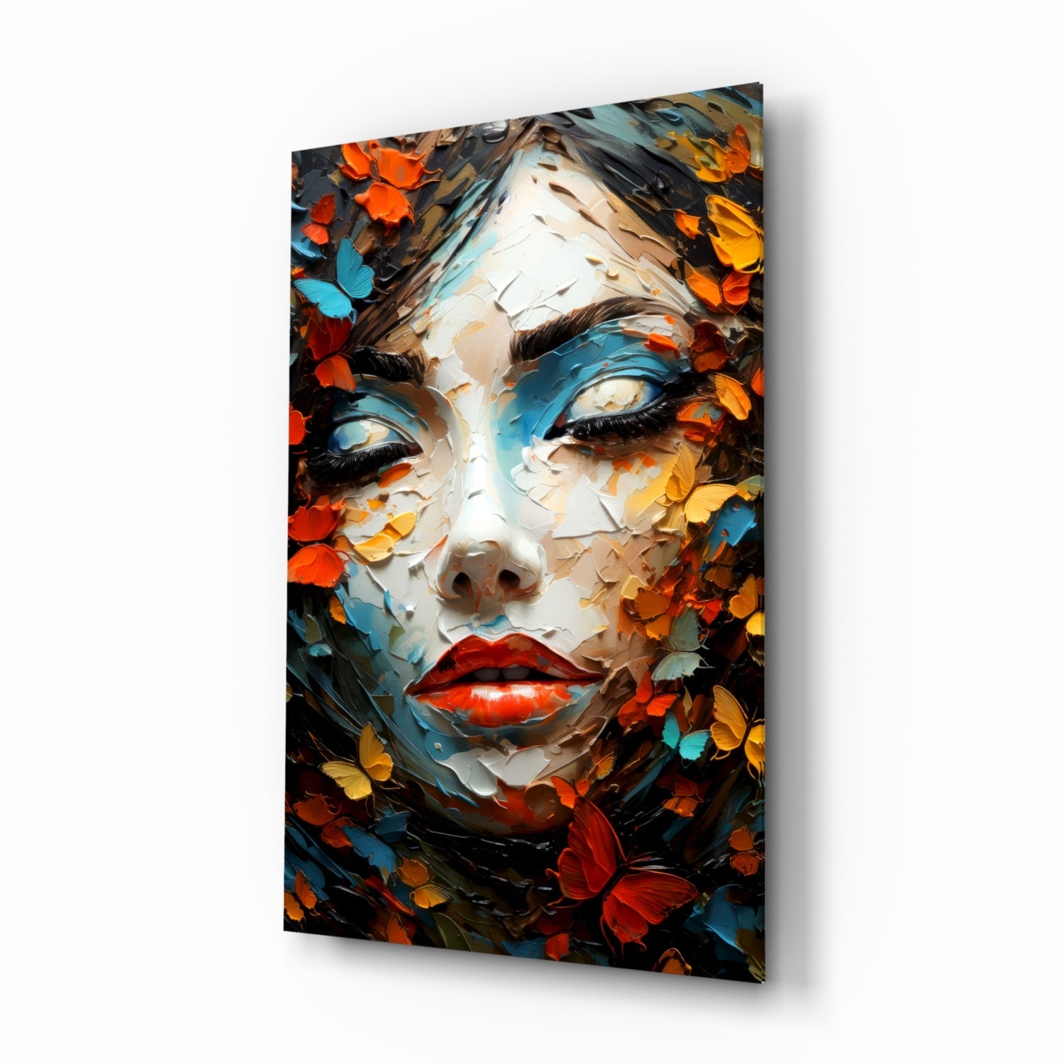 Red Lips Palette Knife Woman in Leaves Glass Wall Art