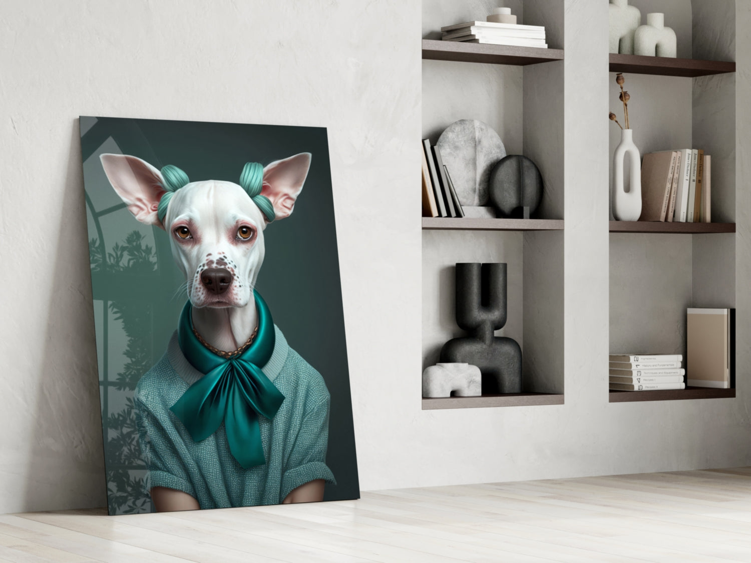 White Dog in Teal Bow Hair Rollers Glass Wall Art