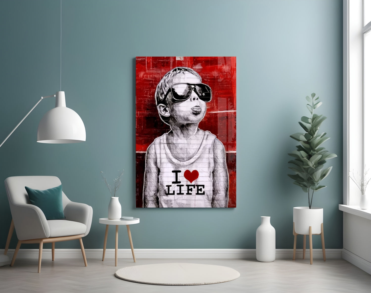 Red Wall Sunglasses Boy Glass Wall Art