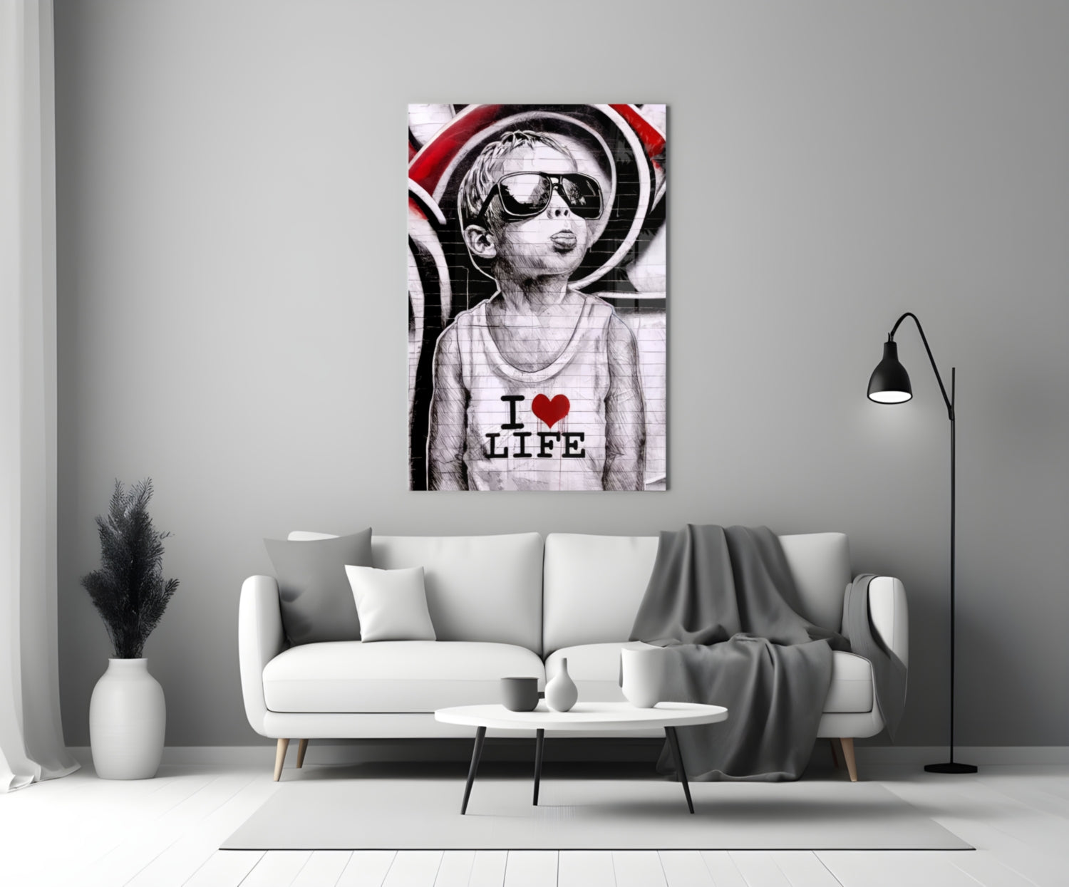 Red Swirl Sunglasses Boy Glass Wall Art