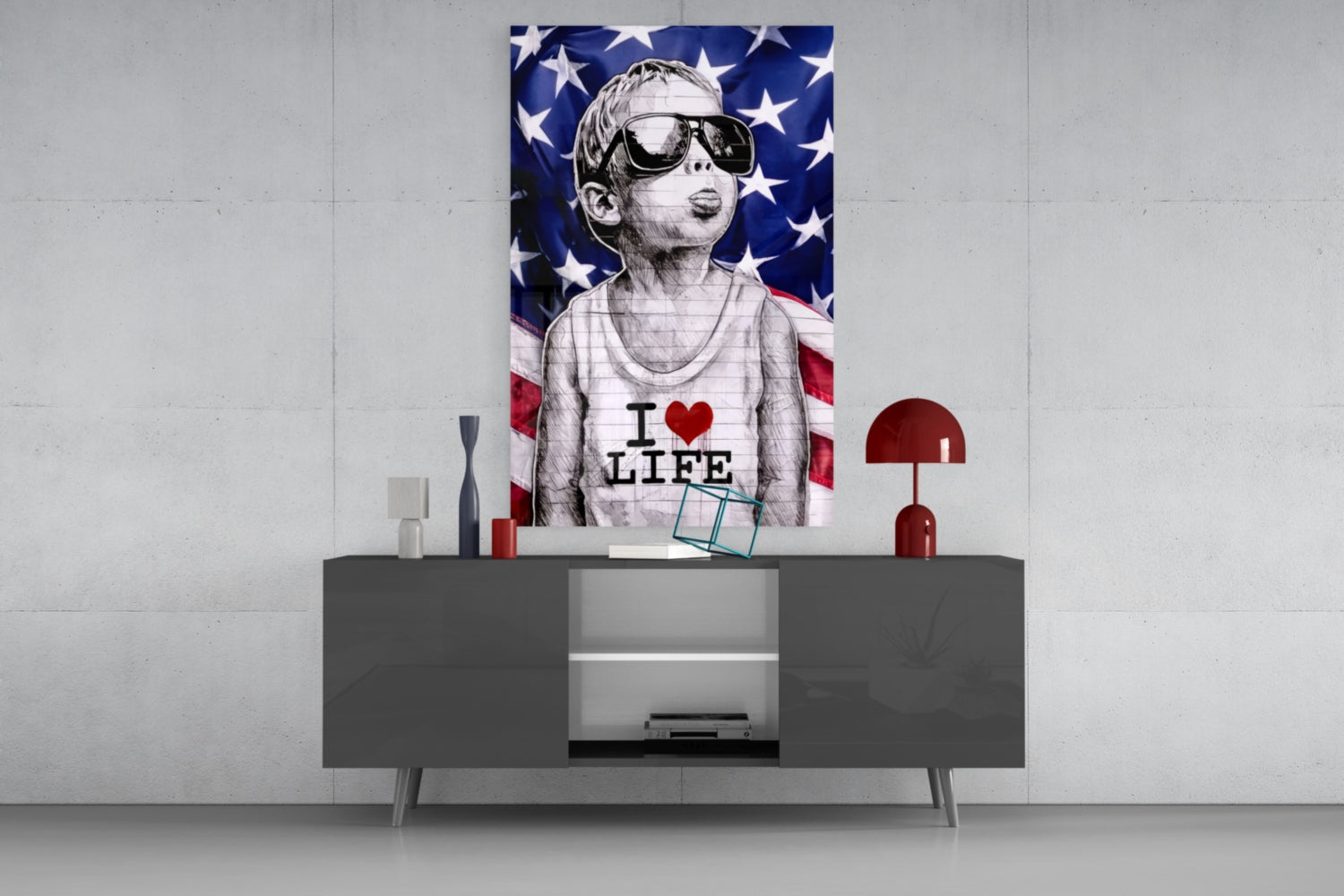 American Flag Sunglasses Boy Glass Wall Art