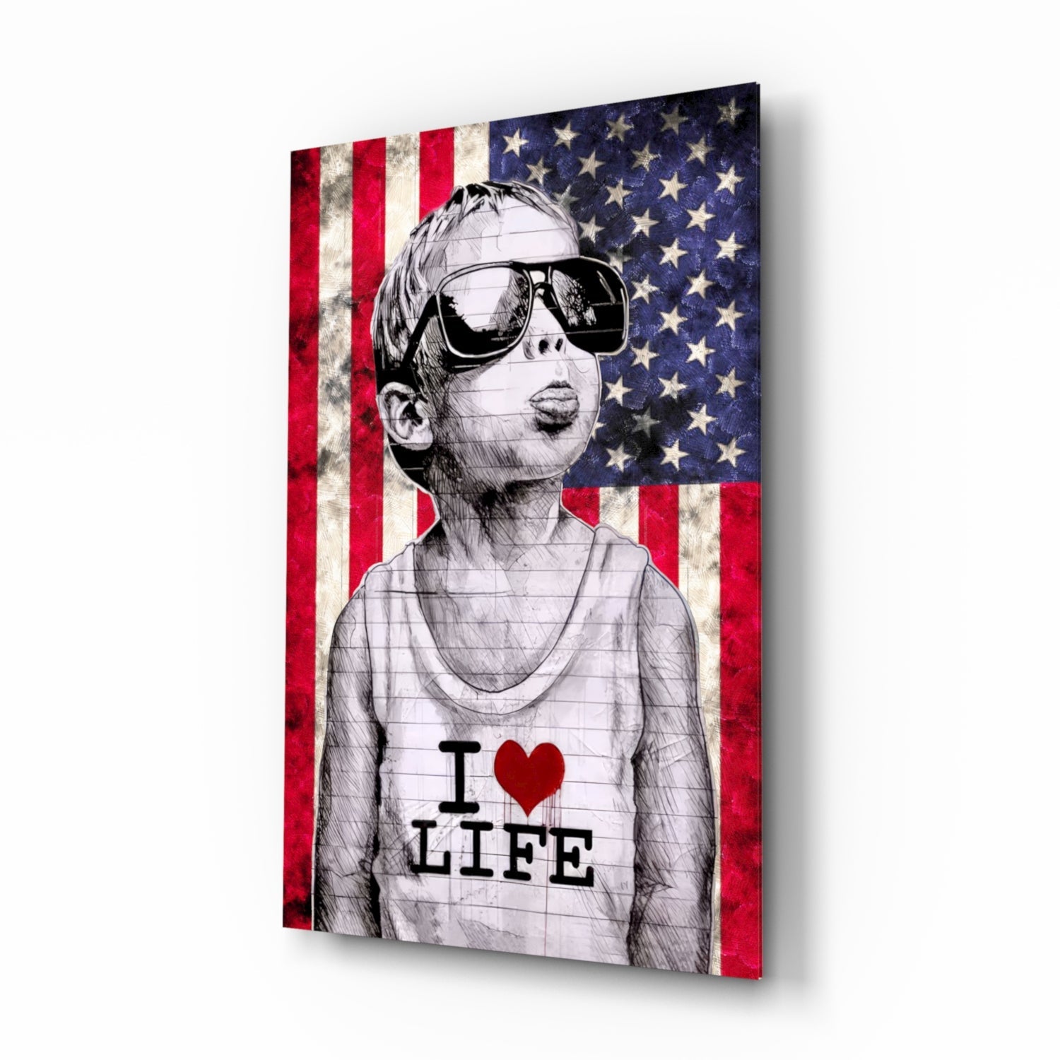 Rustic USA Flag Sunglasses Boy Glass Wall Art