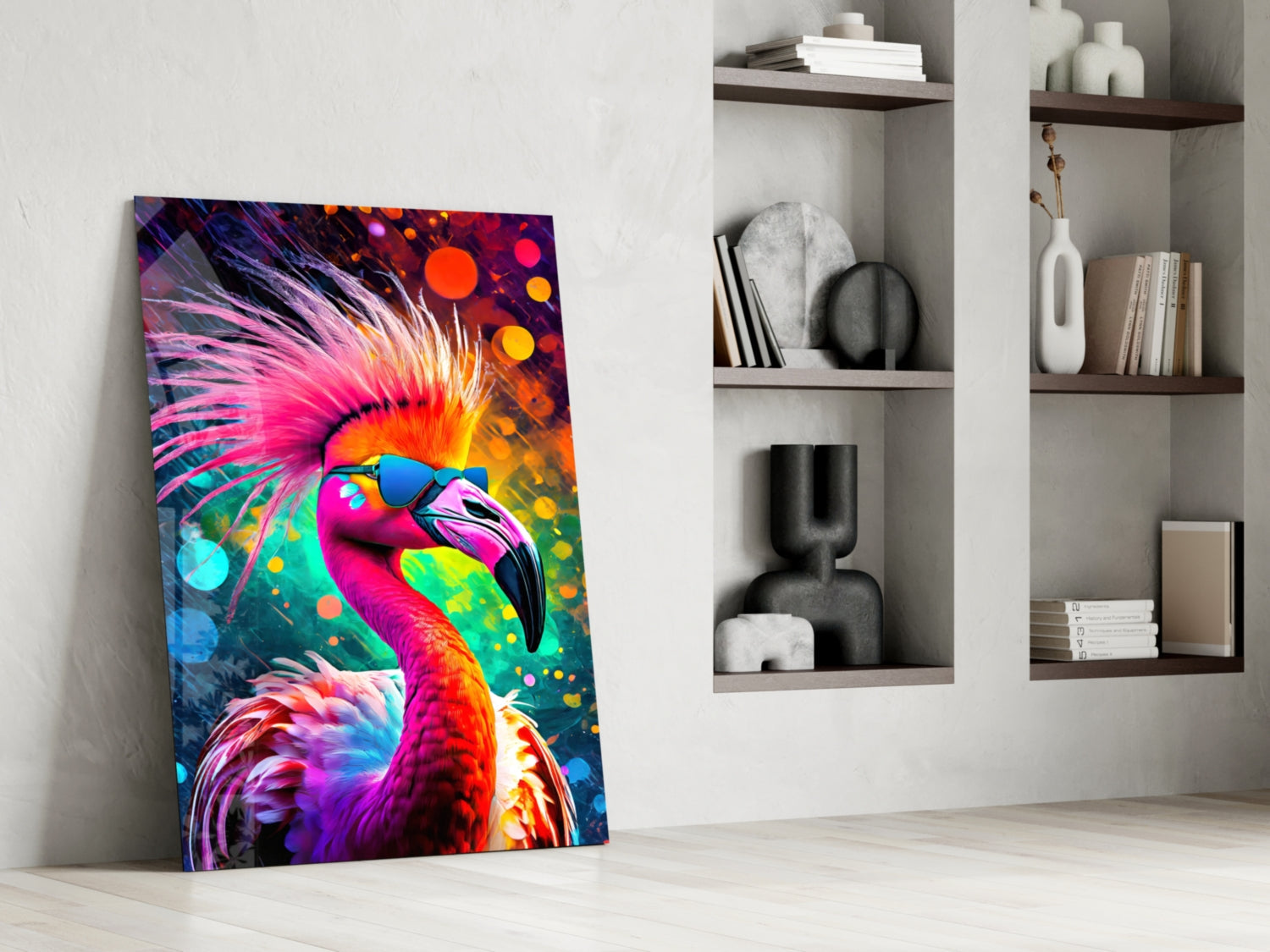 Flamingo in Sunglasses Neon Bokeh Glass Wall Art