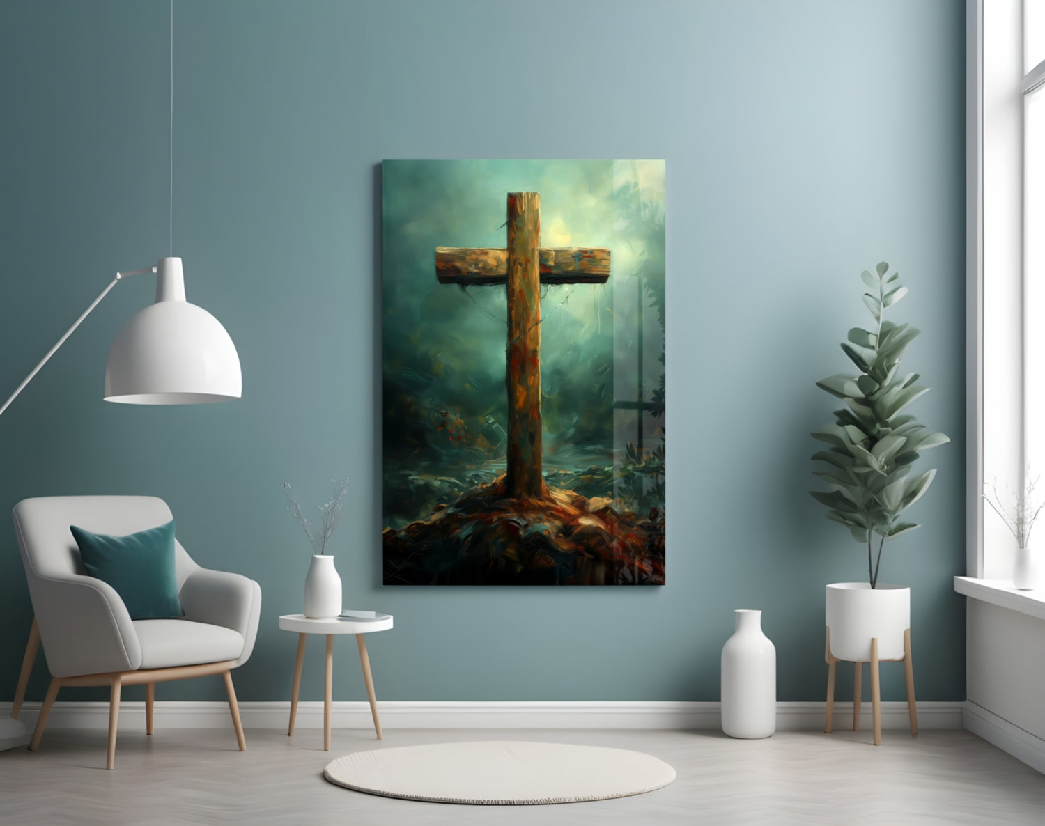 Rustic Wooden Cross In Teal Mist Glass Wall Art