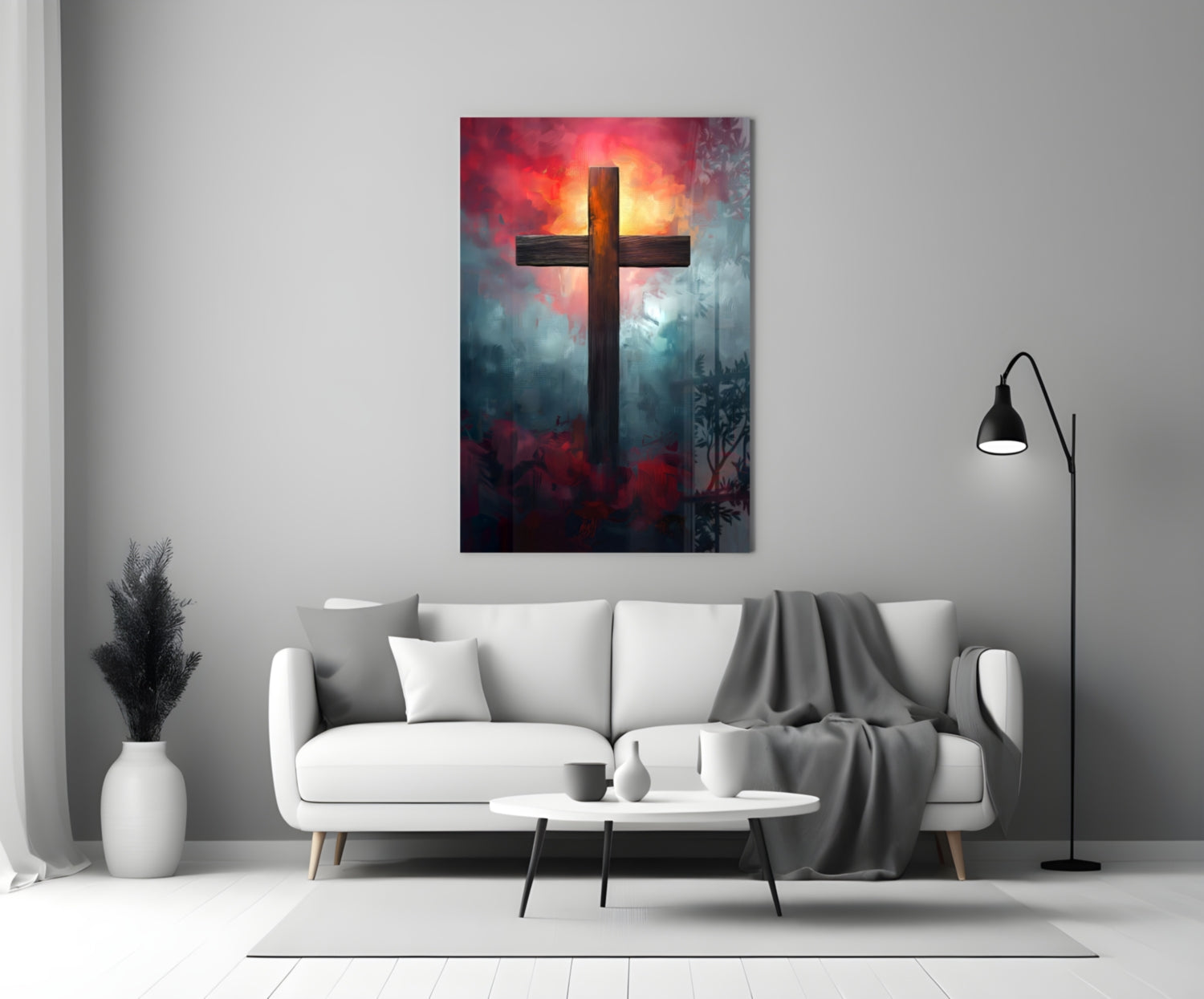Dark Cross With Crimson Cloud Sunrise Glass Wall Art