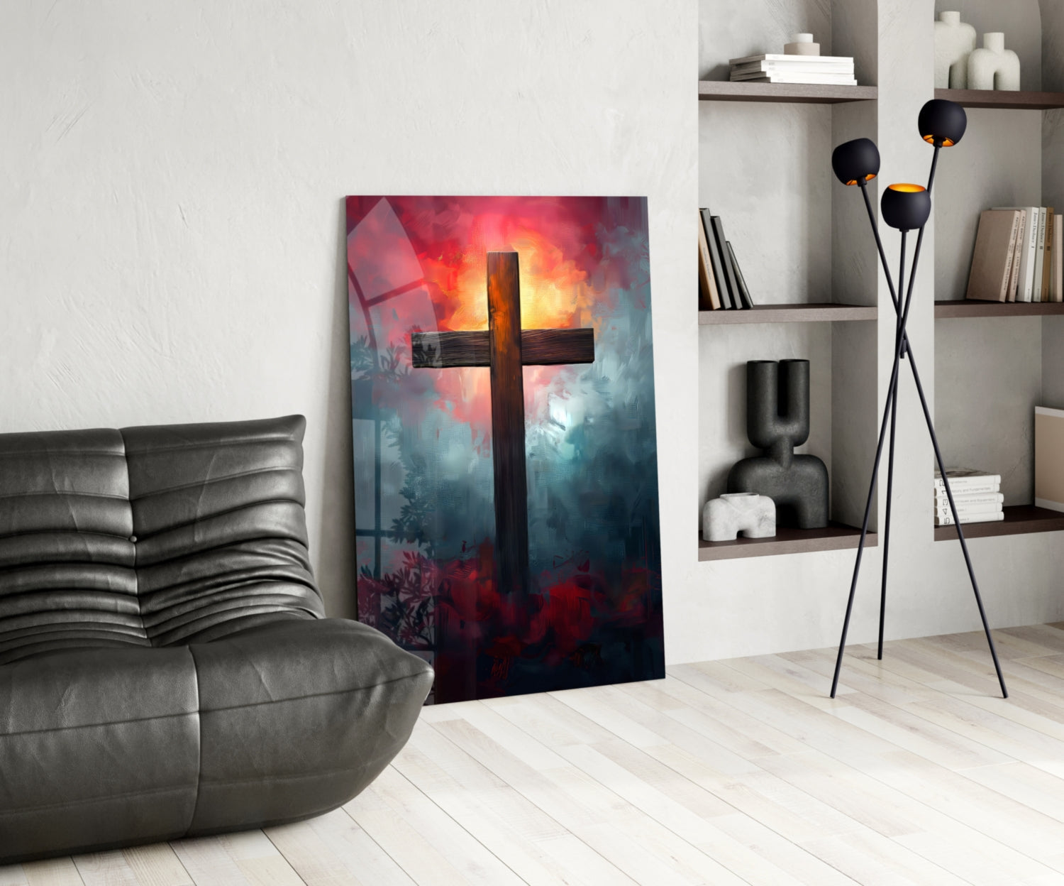 Dark Cross With Crimson Cloud Sunrise Glass Wall Art