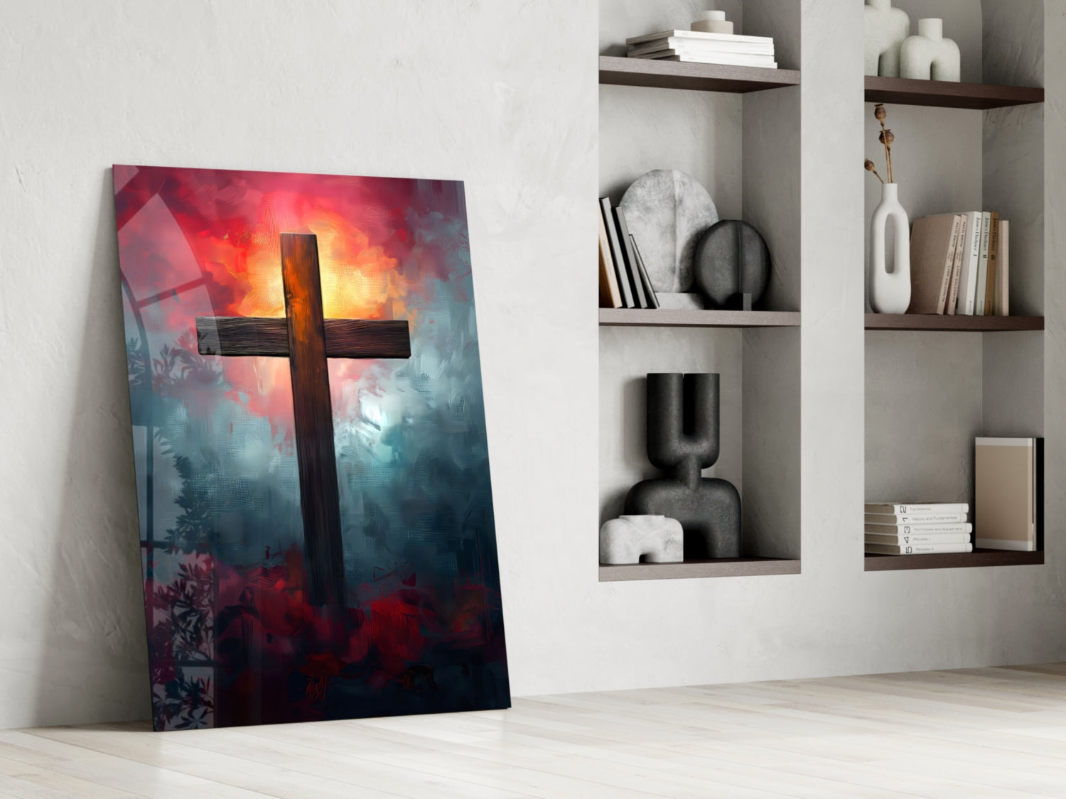 Dark Cross With Crimson Cloud Sunrise Glass Wall Art
