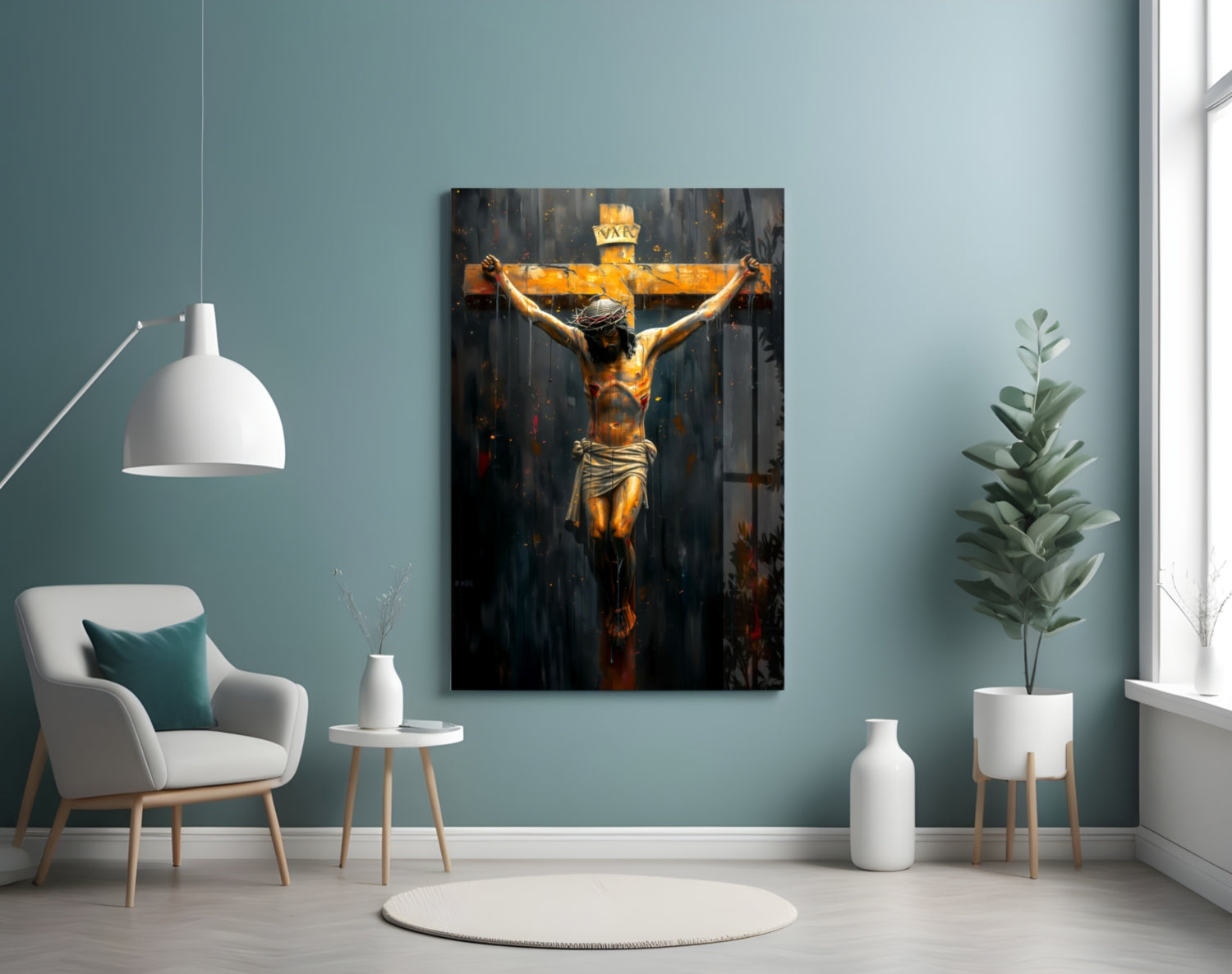Golden Cross Crucifixion Dark Backdrop Glass Wall Art