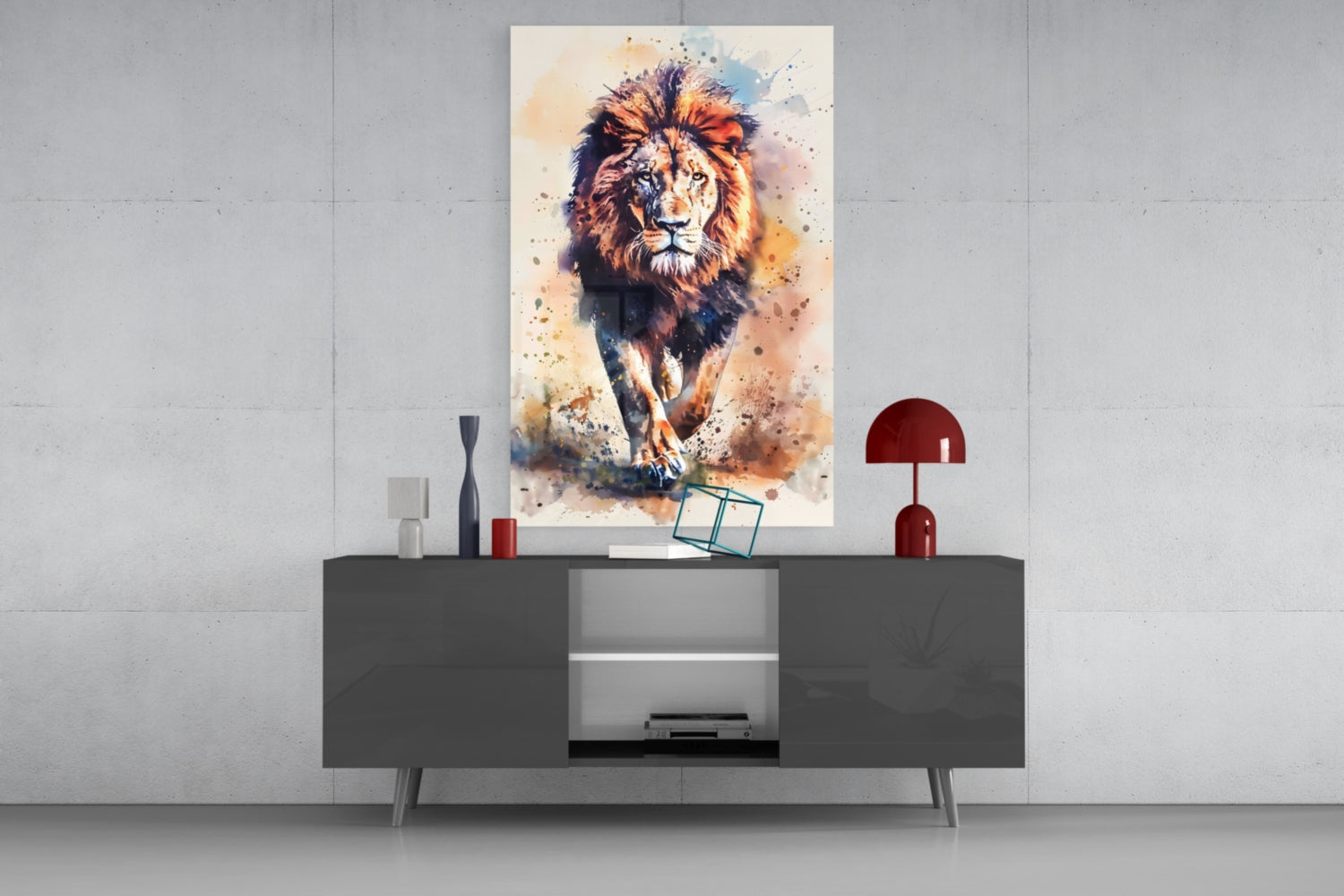 Watercolor Splash Walking Lion Glass Wall Art