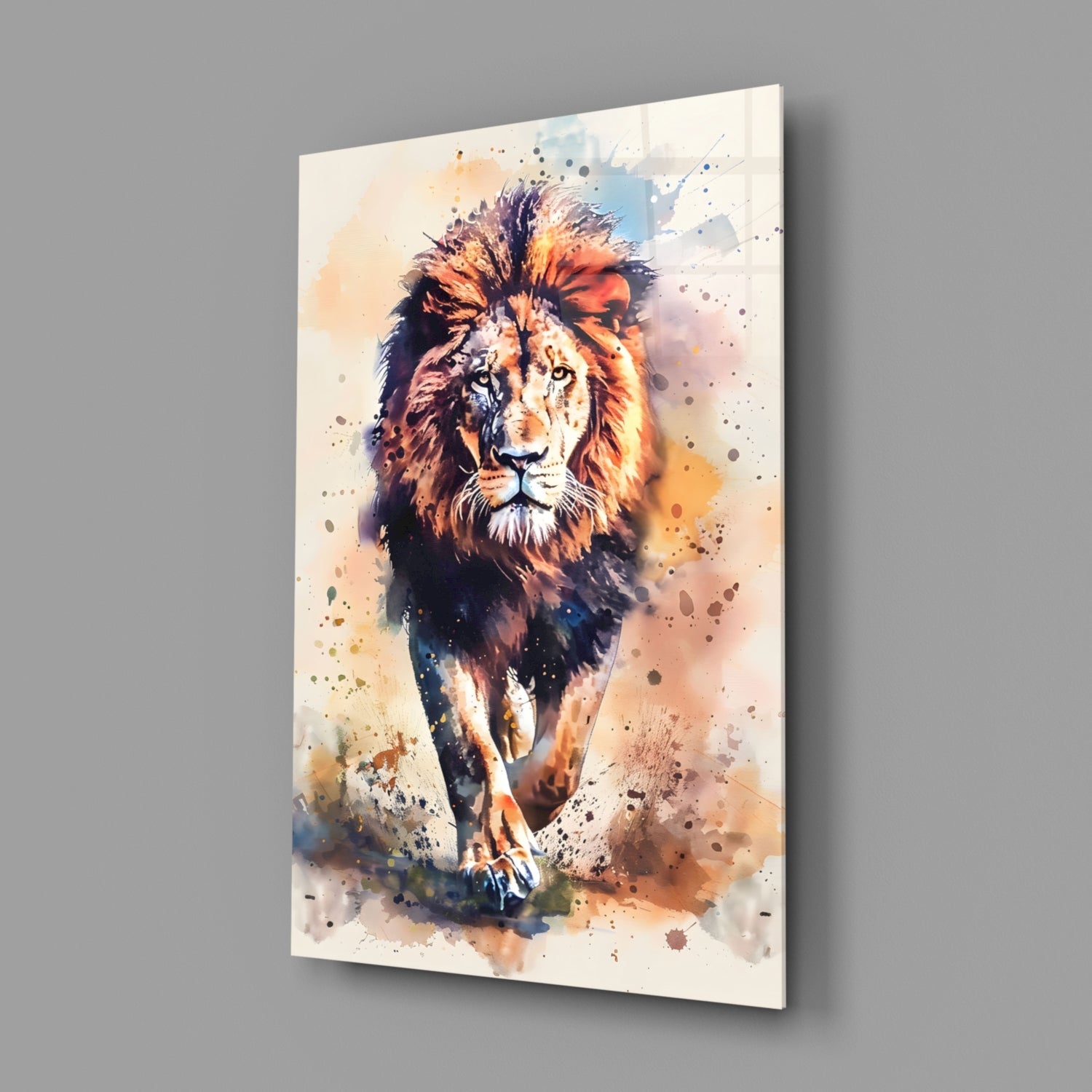 Watercolor Splash Walking Lion Glass Wall Art