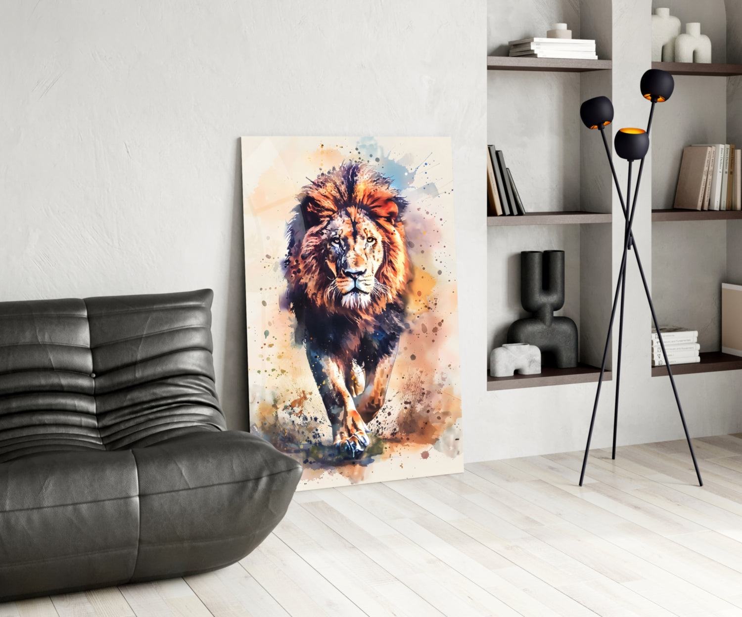 Watercolor Splash Walking Lion Glass Wall Art