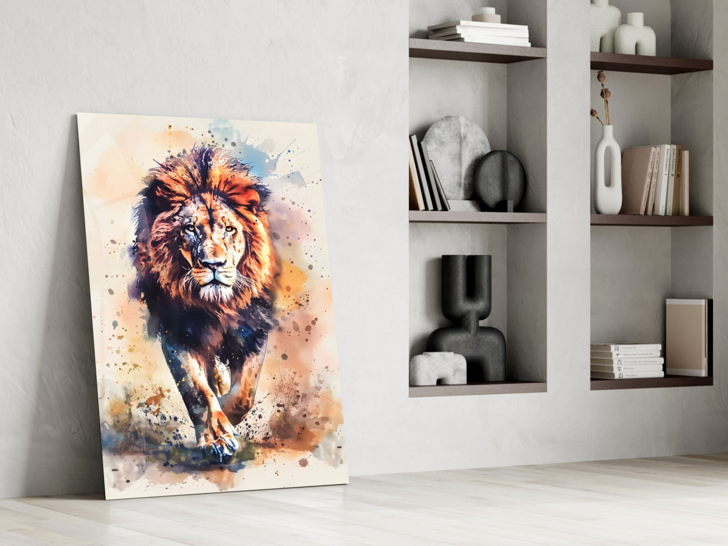 Watercolor Splash Walking Lion Glass Wall Art