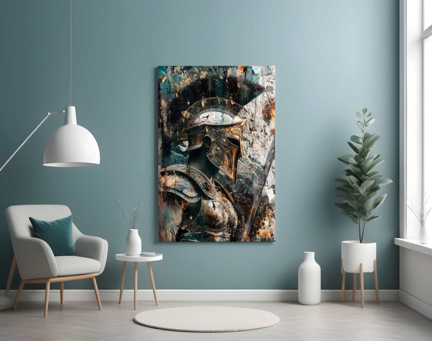 Teal Gold Spartan Helmet Glass Wall Art