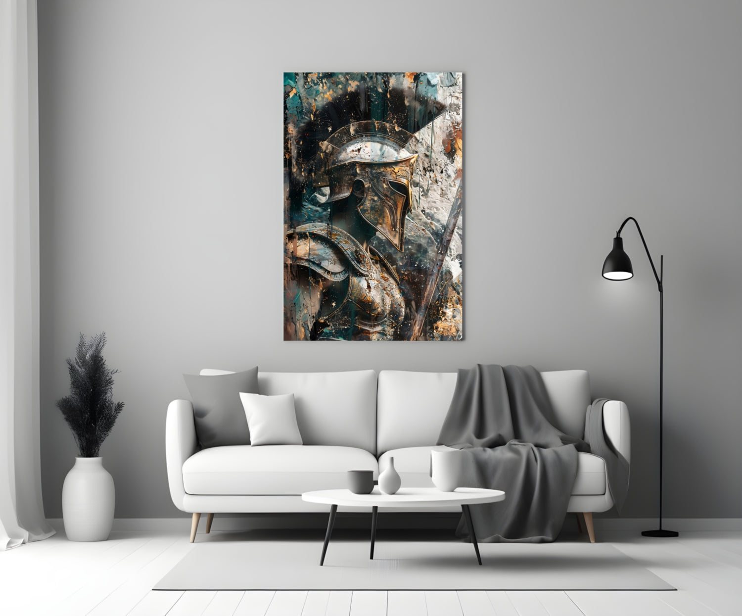 Teal Gold Spartan Helmet Glass Wall Art