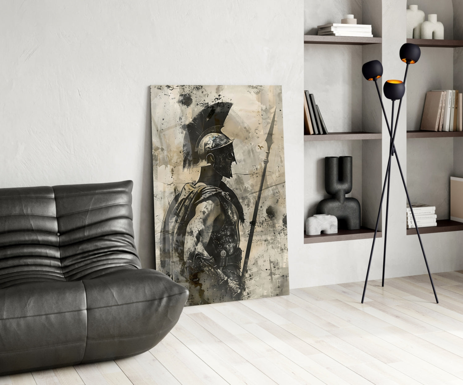 Sepia Spartan With Spear Glass Wall Art