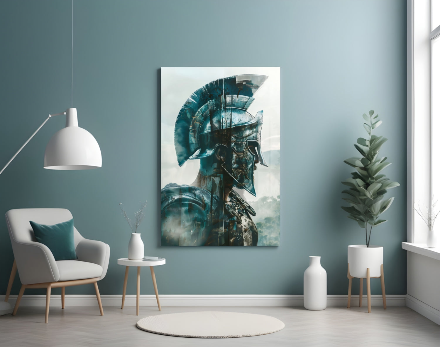 Teal Spartan Helmet Profile Glass Wall Art