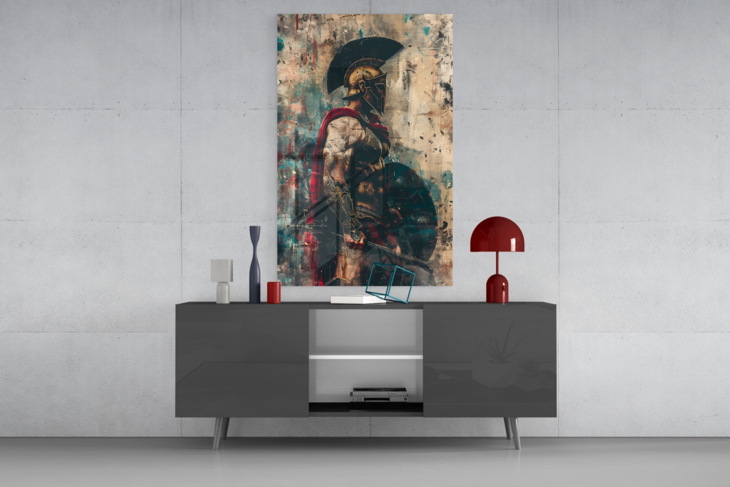 Red Caped Spartan Profile Glass Wall Art