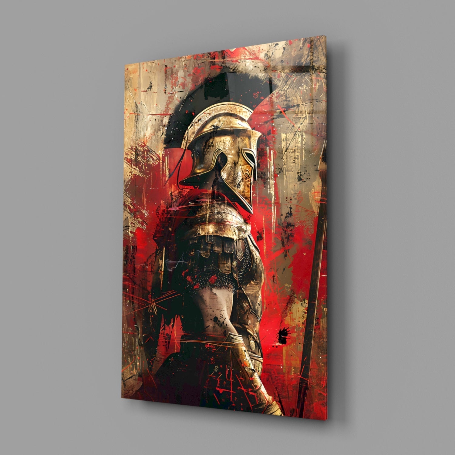 Crimson Splatter Gladiator Glass Wall Art