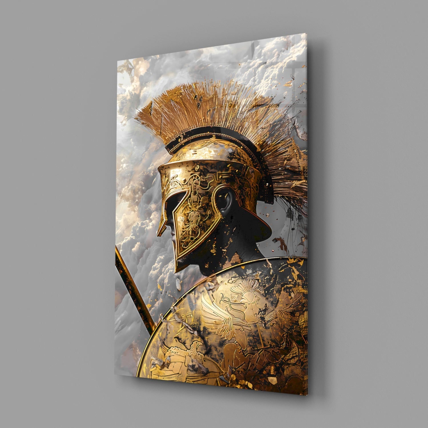 Golden Spartan Helmet Clouds Glass Wall Art