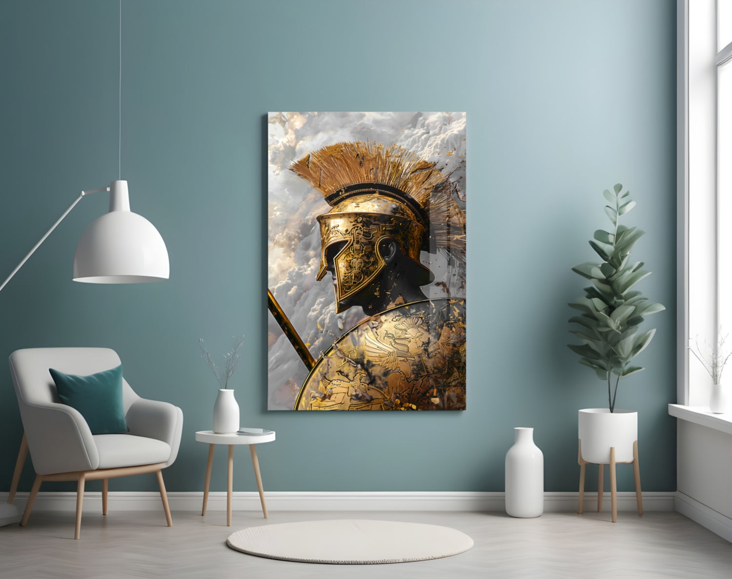Golden Spartan Helmet Clouds Glass Wall Art