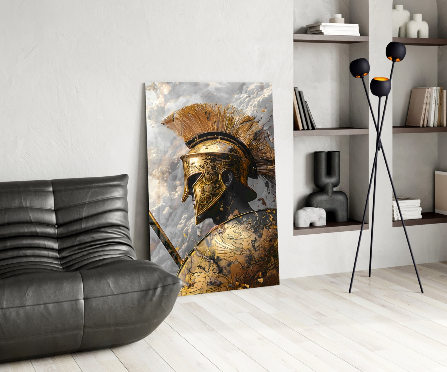 Golden Spartan Helmet Clouds Glass Wall Art